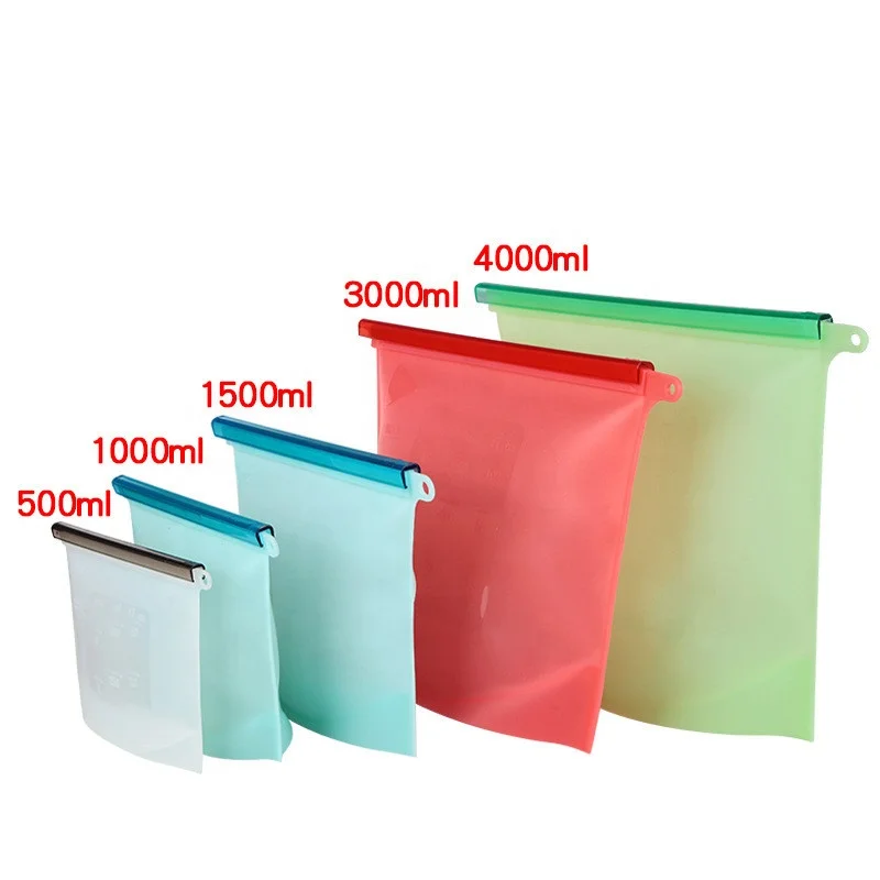 

500/1000/1500 ML reusable silicone food bag leak proof food bag fridge BPA free vacuum keep fresh storage bag, White/blue/green/red