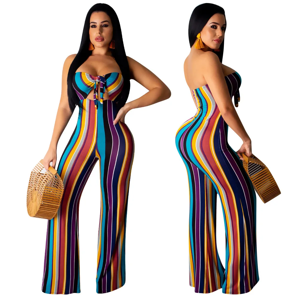 

Europe and the United States Rainbow print cross knotted personality Slim sexy V-neck jumpsuit, Colourful