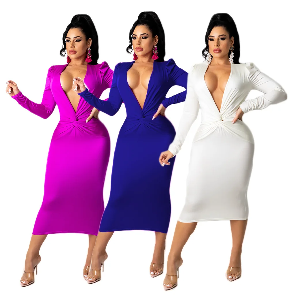 

2021 latest design women v neck long sleeves bodycon dress spring longdresses