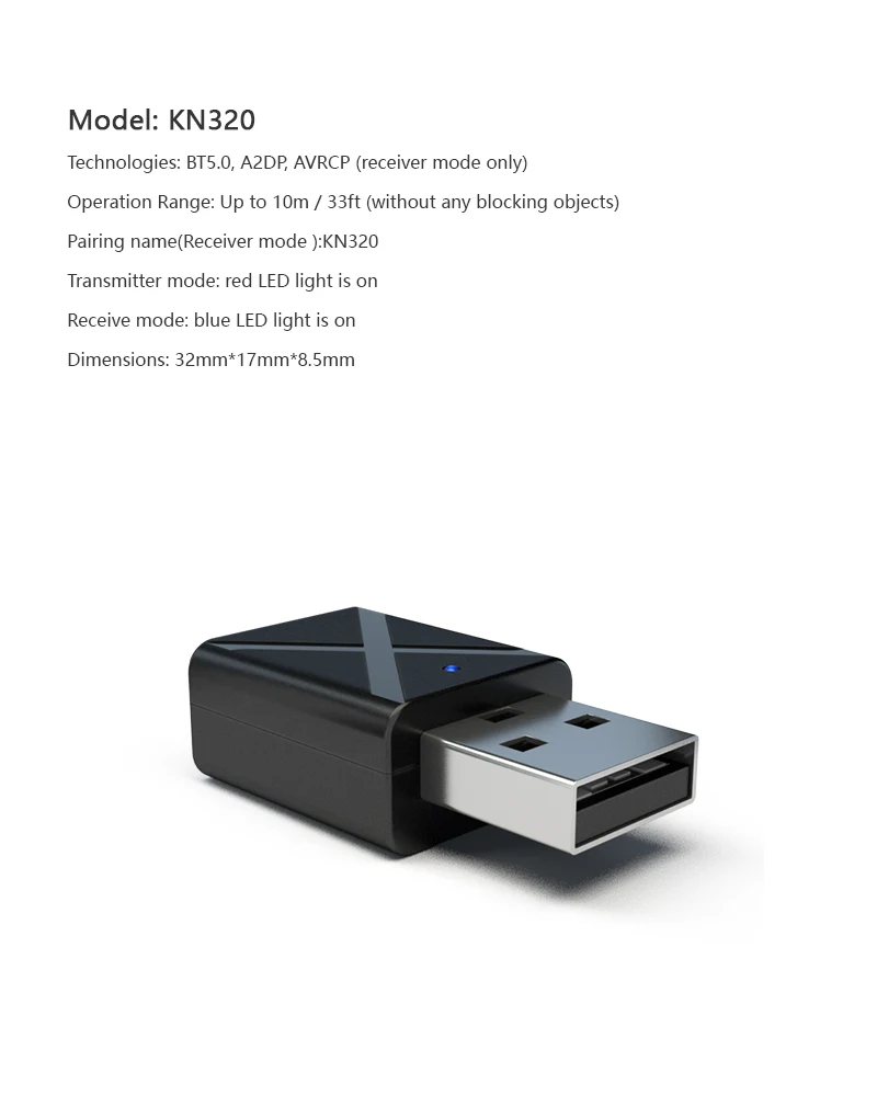 KN320 USB Bluetooth Transmitter Receiver, 2 in 1 USB Bluetooth 5.0 Transmitter Receiver AUX Audio Adapter for TV/PC/Car - ANKUX.COM