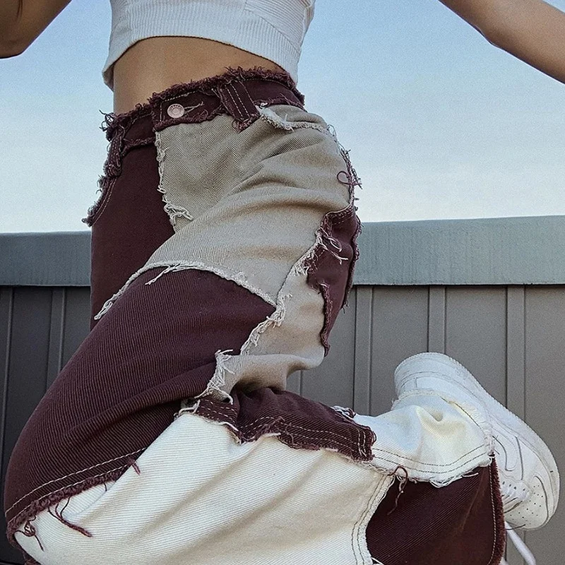 

Fashion Women Casual Loose Patchwork Jeans Pants High Waist Straight Leg Trousers