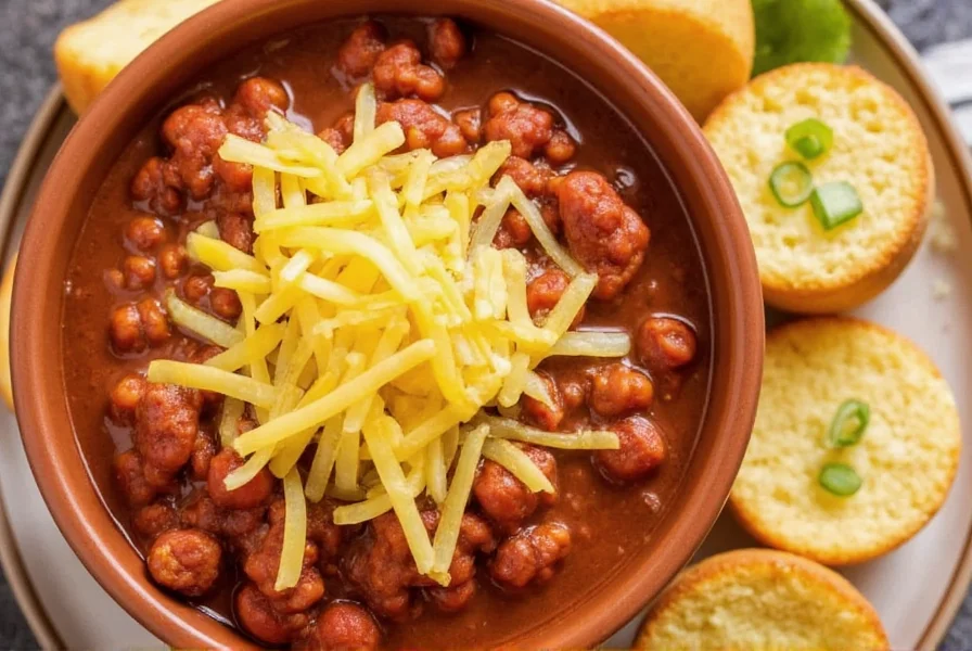 Bowl of steaming easy slow cooker chili with melted cheese topping served alongside cornbread