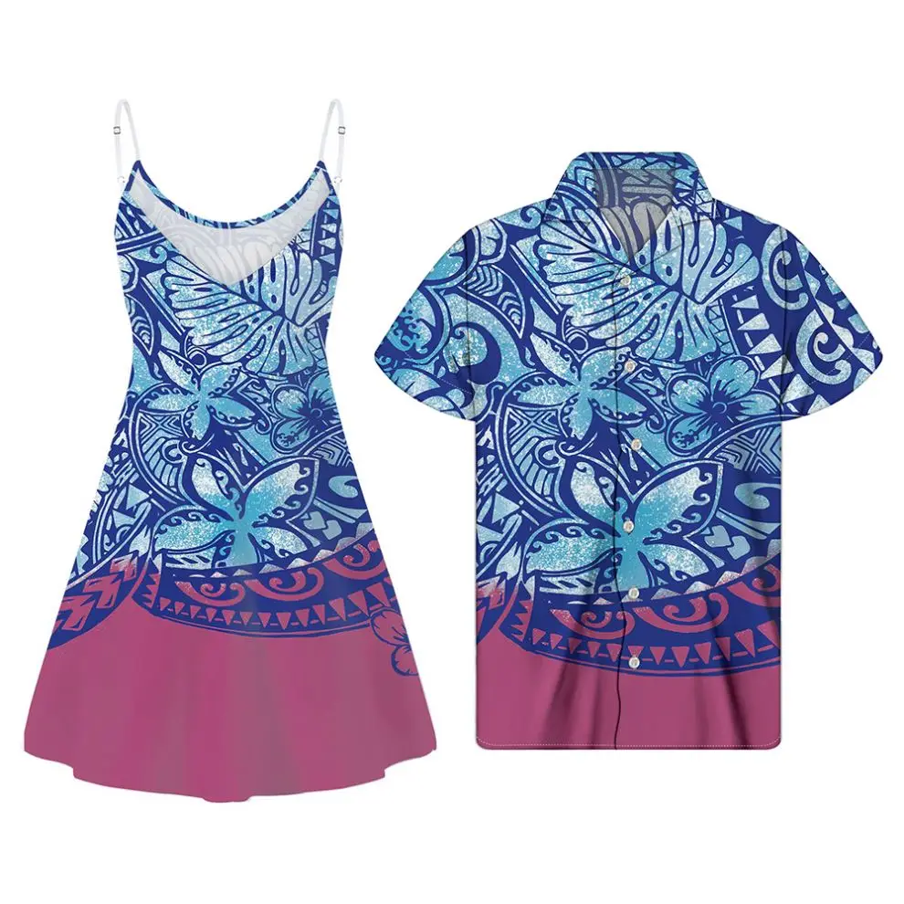 

2021 Women Clothing Dress Samoa Polynesian Blue & Purple Pattern Party Dresses Women Sexy Slip V Neck Couples Matching Clothes, Customized color