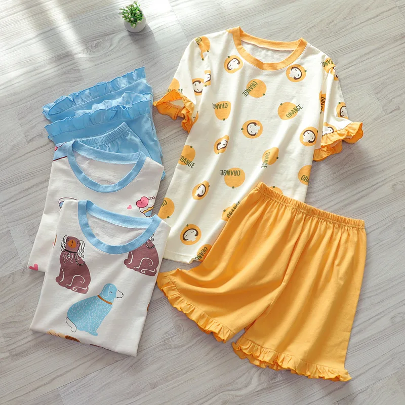 

New summer 100%pure cotton ladies short-sleeved shorts two-piece cartoon knitted sleepwear set plus size loose kawaii home servi