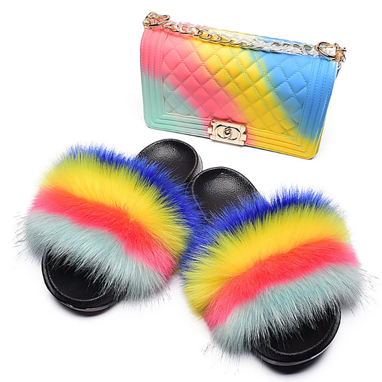 

Hot Sale Custom Fur Slippers And Matching Purse Faux FOX Fur Slippers And Hand Bag Set, Customized color