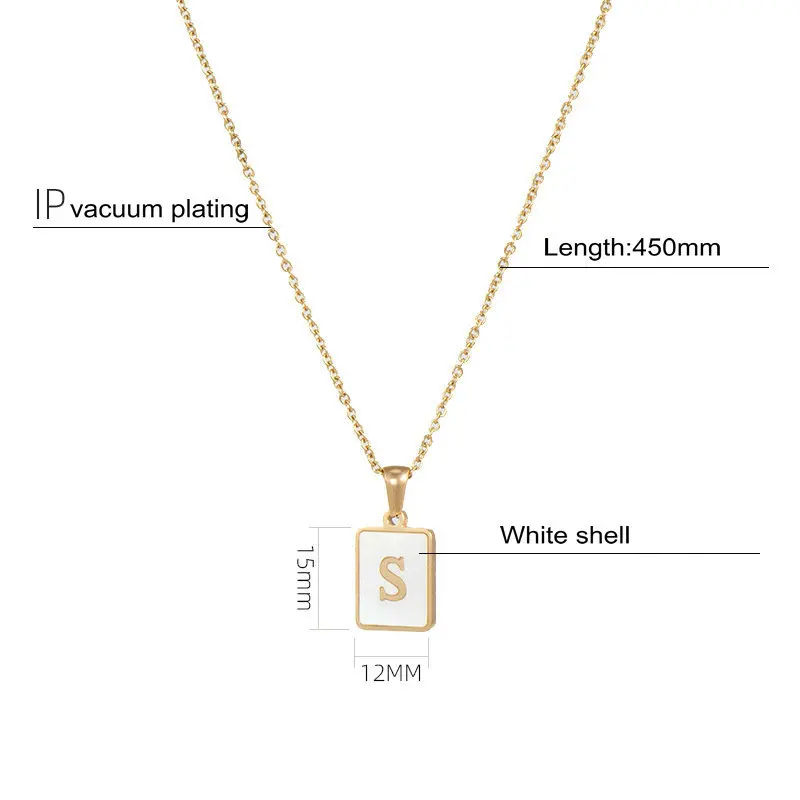 

OUYA newest stainless steel 18k gold plated rectangle shape shell pendant with A to Z print necklace fashionable accessories