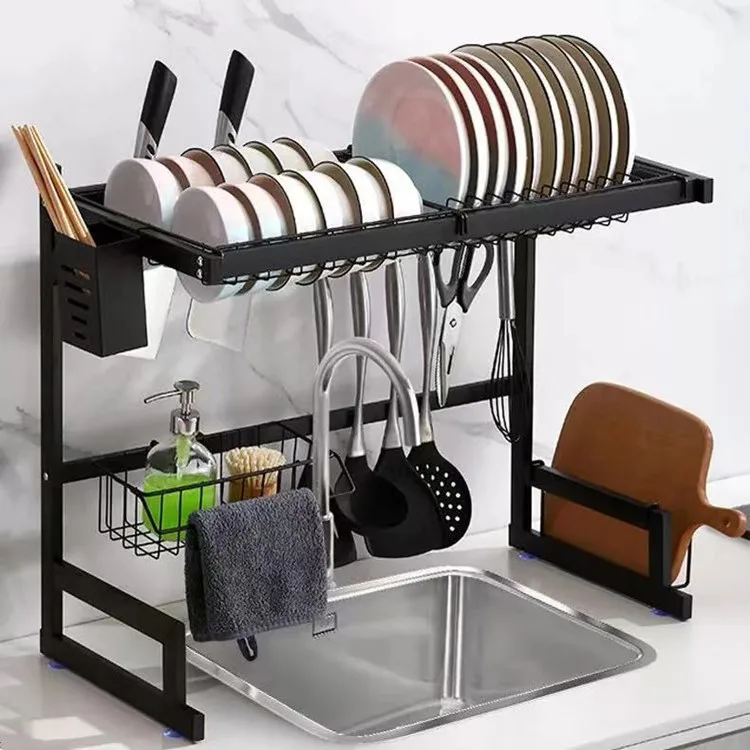 

New Products Kitchen Standing Over The Sink Storage Organizer Two Tiers Iron Of Dish Drainer Drying Racks, Black white