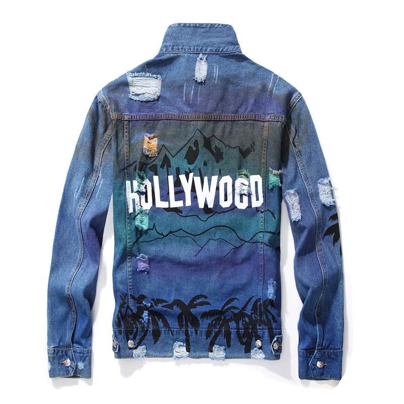 

European and American style men's denim jacket light blue hole denim jacket printed denim jacket
