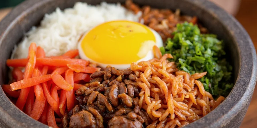 Beautifully arranged bibimbap bowl with vibrant vegetables and gochujang sauce