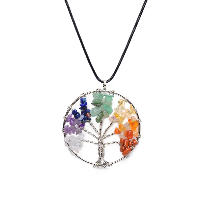 

Trendy Colorful Chakra Balancing Tree Of Life Round Jewelry Natural Stone Wire Wrapped Pendant Necklace, Picture shows