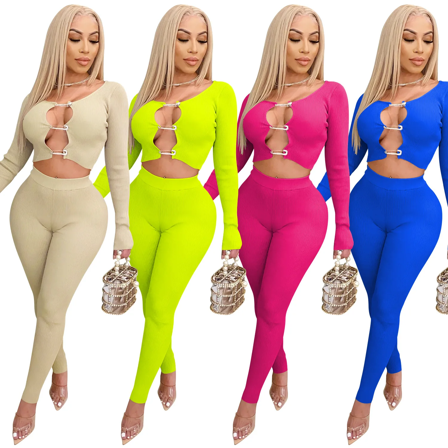 

Fashion Trendy Sets Womens Clothing Crop Top Clothes Long Sleeve Plus Size 2 Piece pants Set, Shown