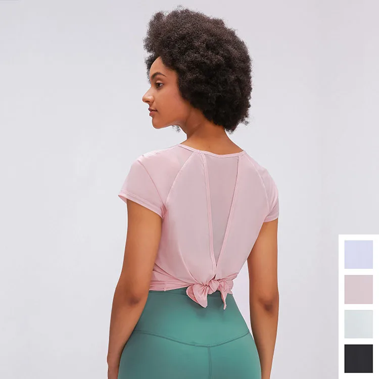 

Women Mesh Soft Breathable Blouse Quick Drying Fitness Short Sleeve Back Tie Up Gym Training Yoga Womens Tshirts