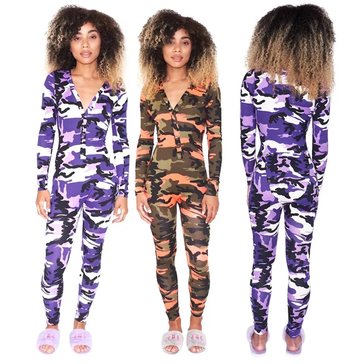 

Full sleeve low cut with back bottom camouflage design woman jumpsuits and rompers