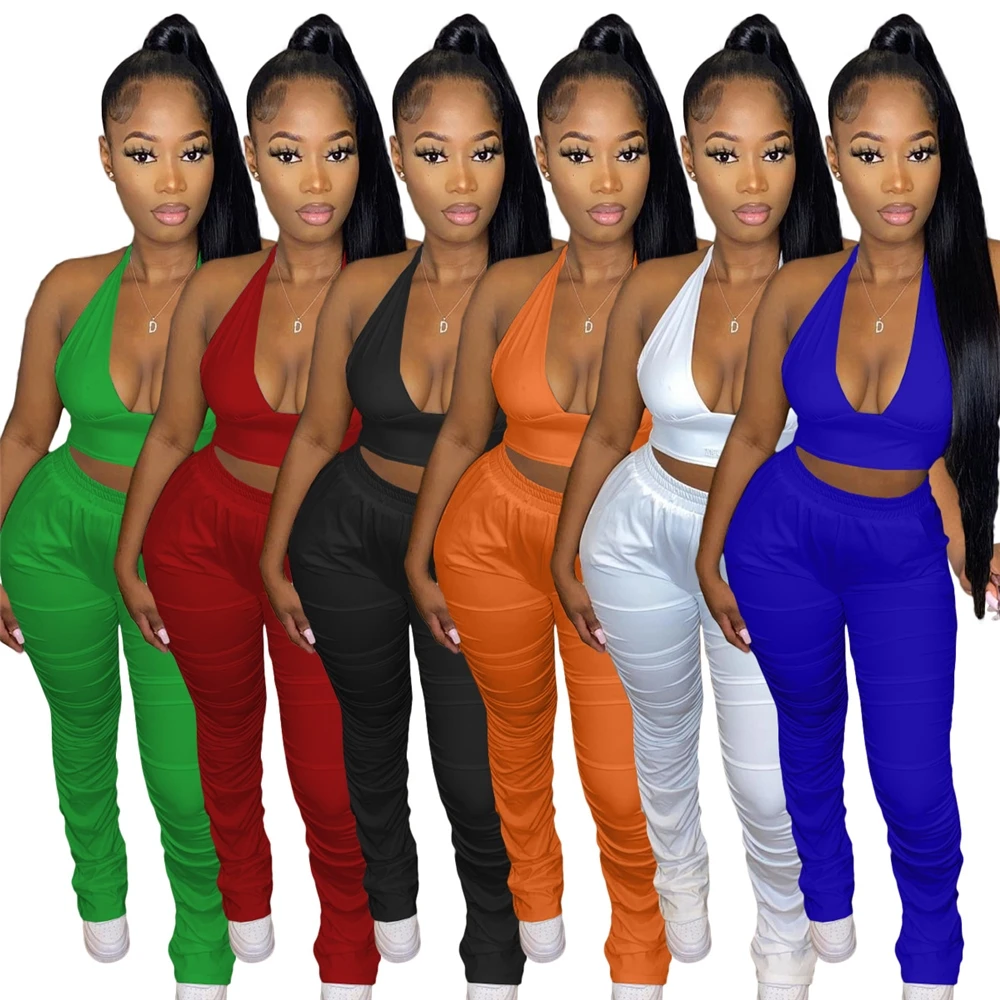 

MD-20Trendy Women's Stacked Pants 2 Piece Set Summer Clothing Halter Crop Top Stack Pants Two Piece Joggers Set Women Tracksuits