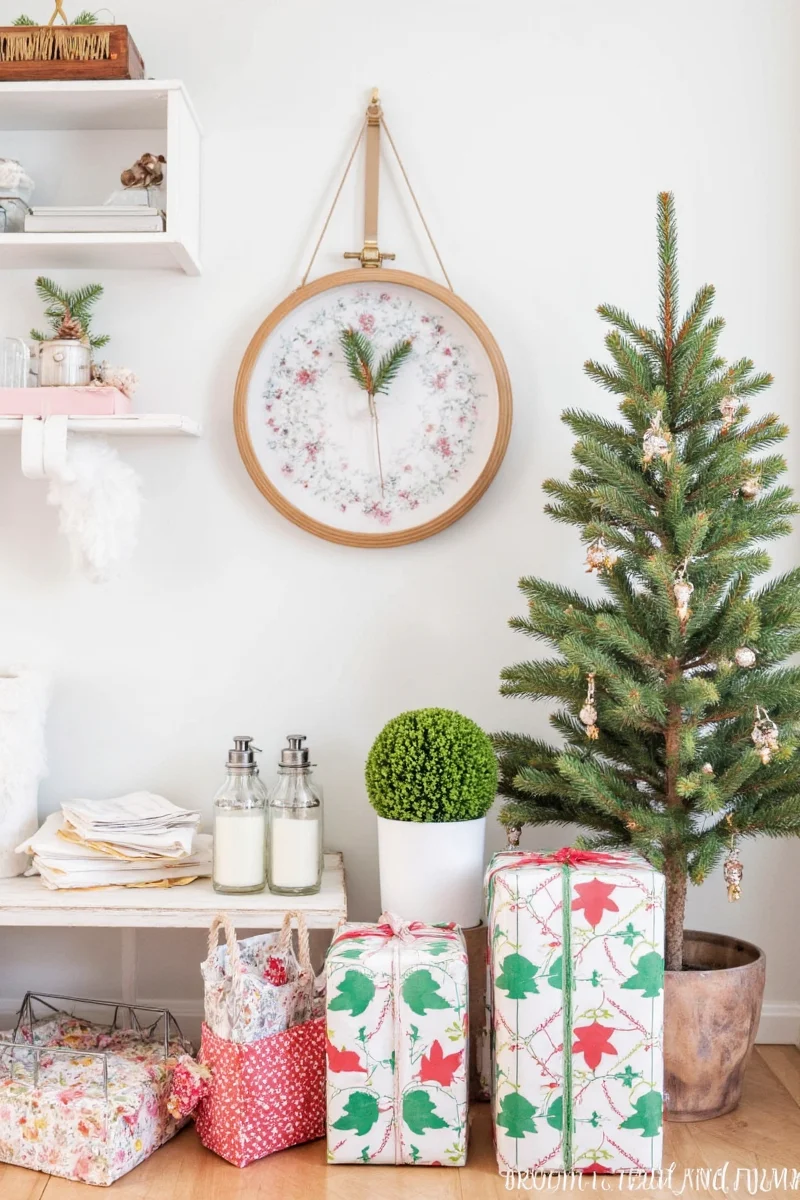 Festive gift wrap used as decorative garland