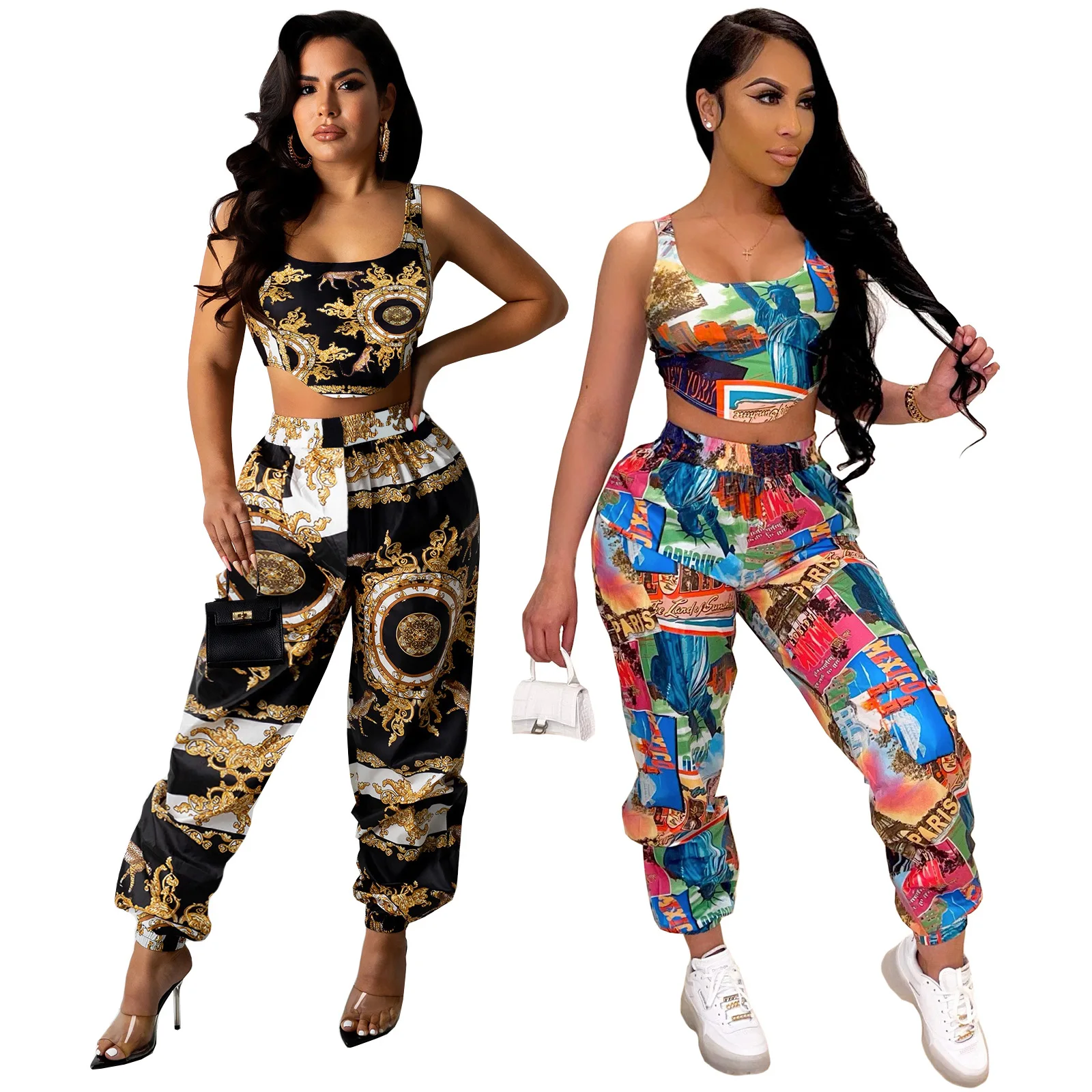 

YDCross-border 2021 summer fancy printing long pants set club sexy two piece pants set women clothing casual crop tops pants set