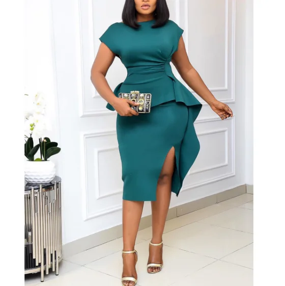 

Summer Sexy Elegant Oversized Zipper Ruffle Lady Party Cocktail Dress, White green