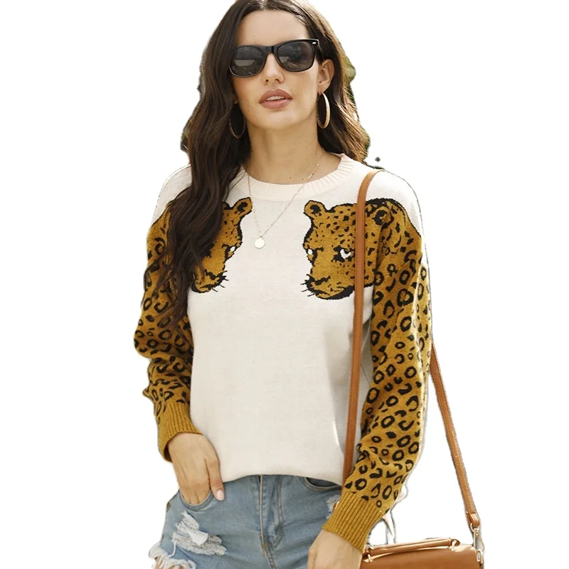 

Ladies Autumn And Winter New Product Loose Knit Sweater Leopard Pattern Round Neck Pullover Sweaters