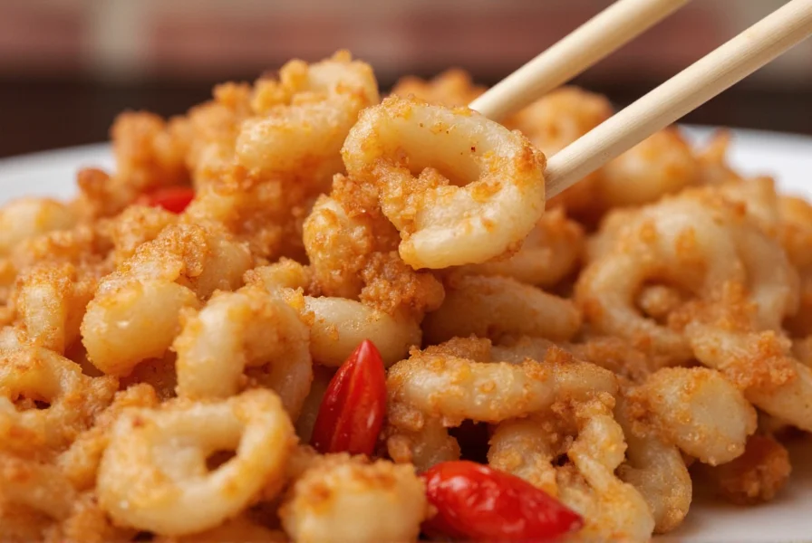 Close-up of salt and pepper chilli squid with chopsticks showing crispy texture and spice coating