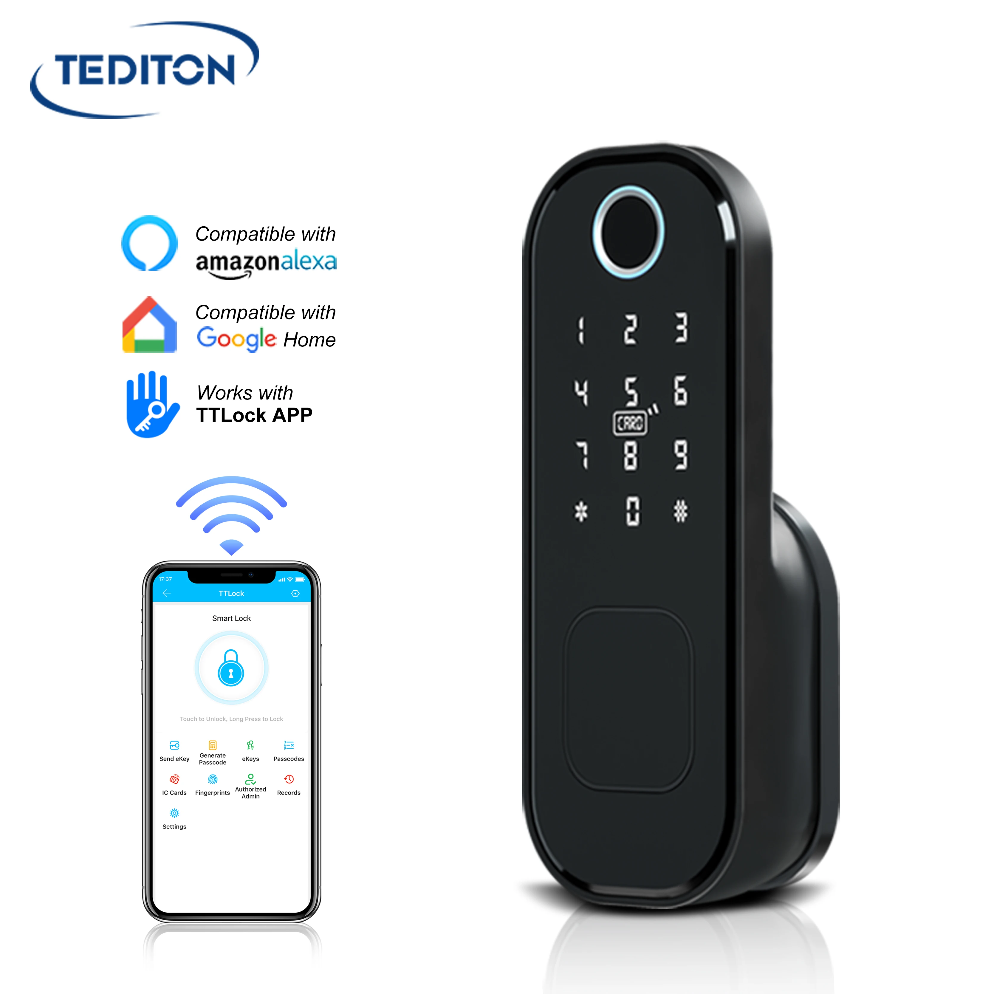 

Tediton Security ttlock App Rfid 12 Volt Waterproof Intelligent Fingerprint Electric Digital Smart Tuya Rim Lock For Gate