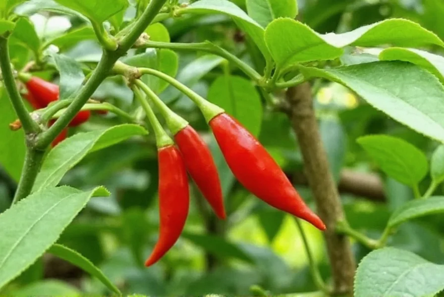 Close-up photograph of Dragons Breath pepper plant showing small red tapered fruits growing on a medium-sized bush with typical Capsicum chinense characteristics
