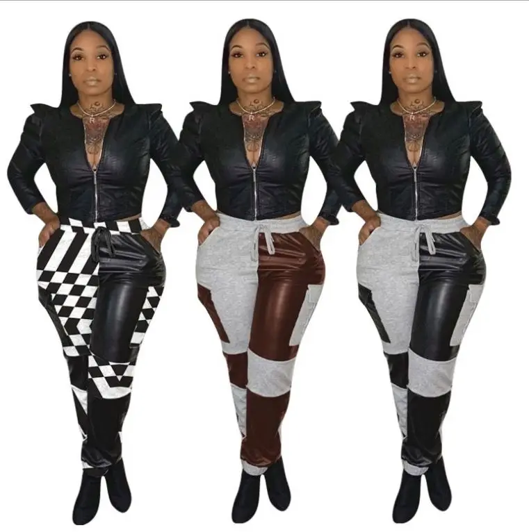 

Knitted stitching PU fashion casual pants, Color