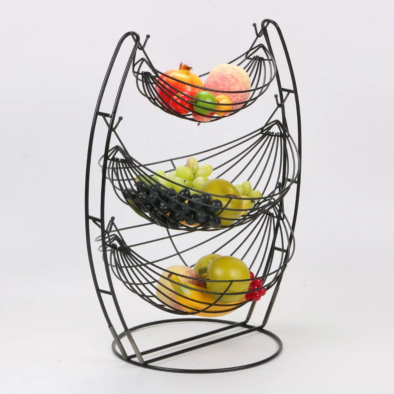 

JX- European style wrought iron fruit basket Simple Detachable fruit storage basket 3 Tiers Fruit Rocking basket black metal