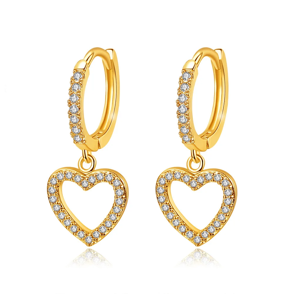 

Luxury Women jewelry Copper 18k Gold Plated Full diamond heart earrings Clip on Heart Dangle Earrings, Sliver/gold