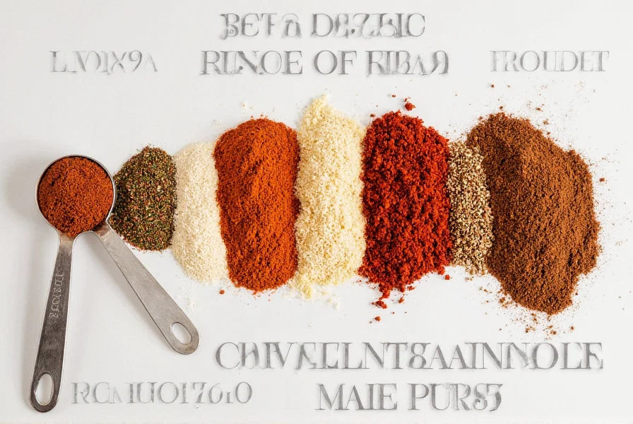 Homemade chili seasoning blend ingredients arranged neatly with measuring spoons