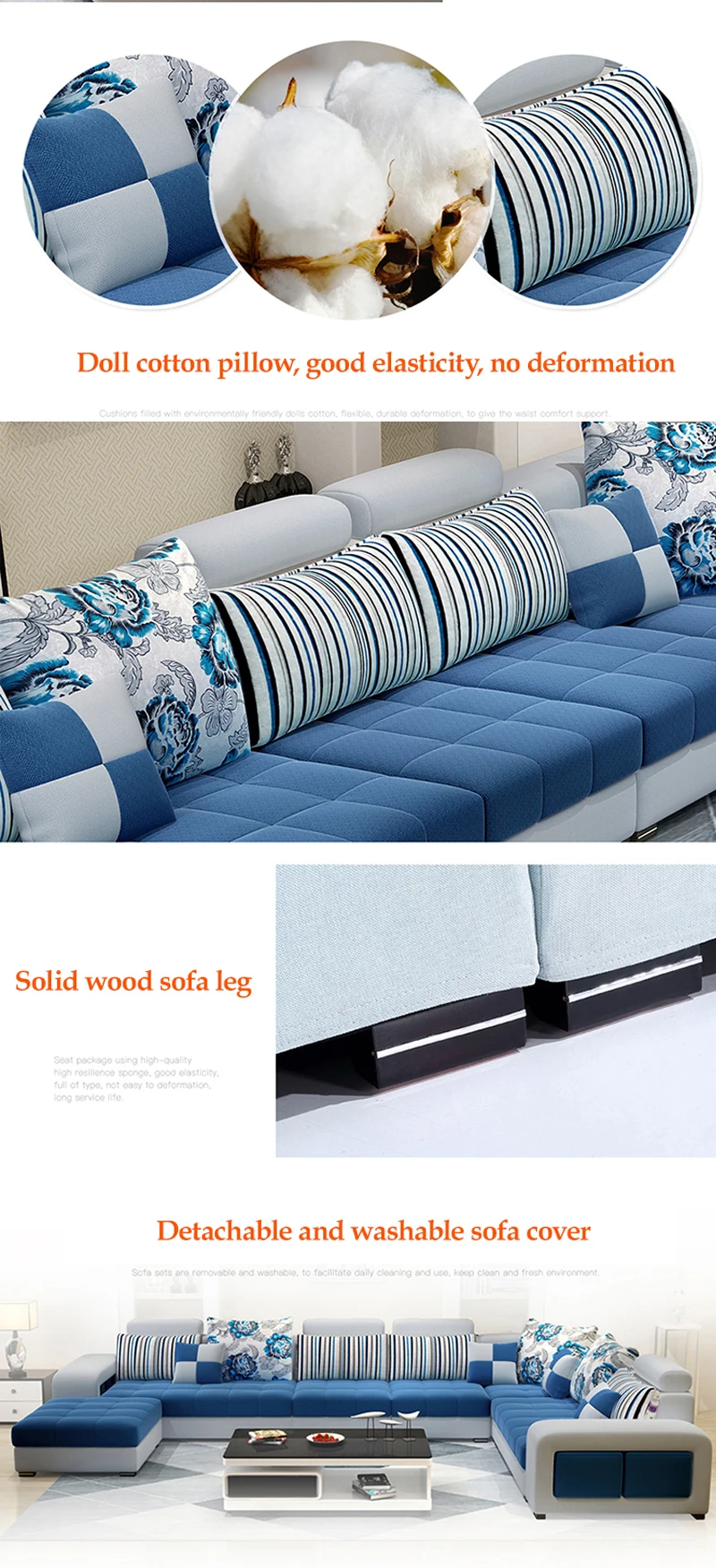 Factory wholesale modern European fabric U shaped sectional living room sofas set