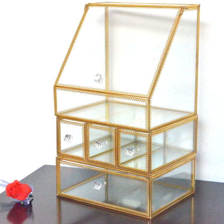 

gold clear box case with drawer storage brush cosmetic holder organizer makeup