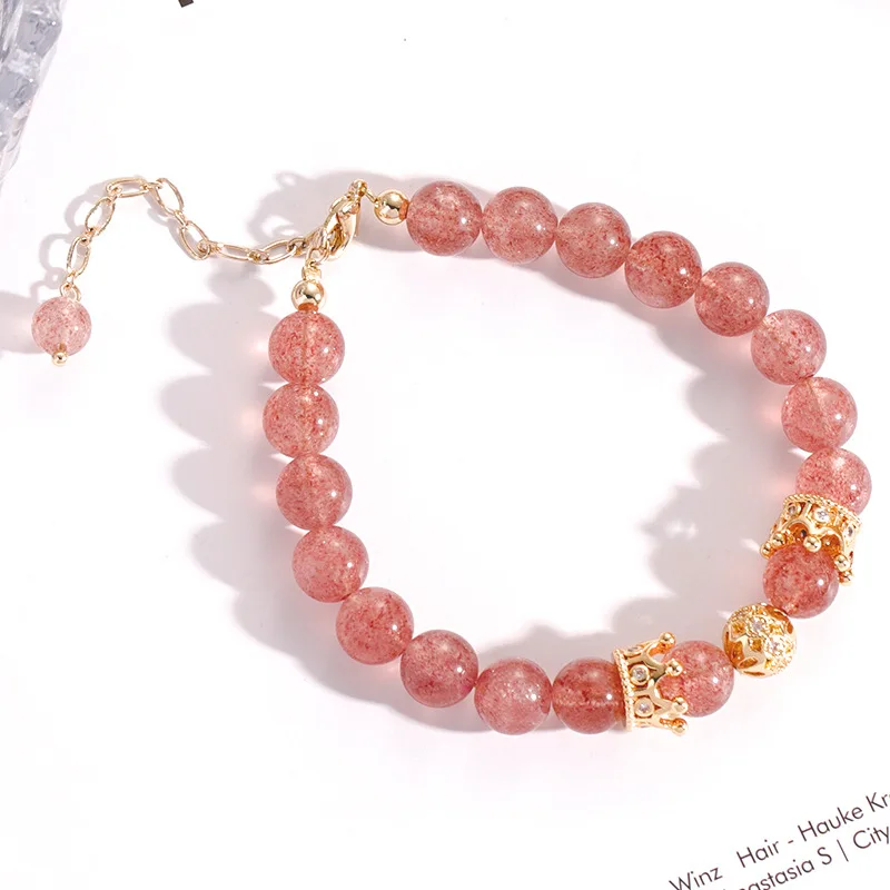 

Newest Arrival Pink Crystal Natural Stone Bracelet CZ Micro Pave Crown Beaded Lucky Bracelet For Women