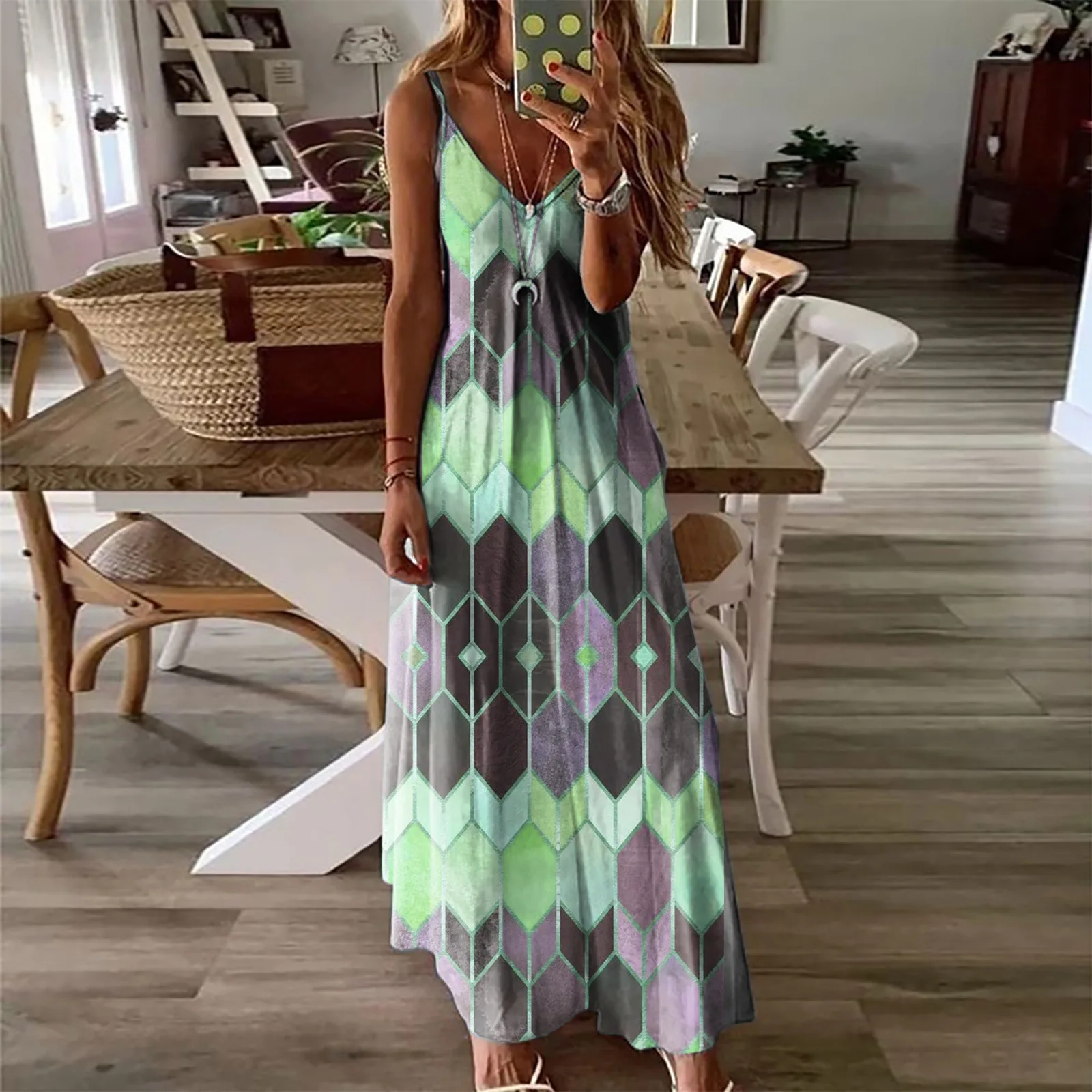

2021 New Arrival Summer Women's Casual Geometric pattern Printed Sleeveless Sexy V-neck Sling Ladies Maxi dress, Customized color