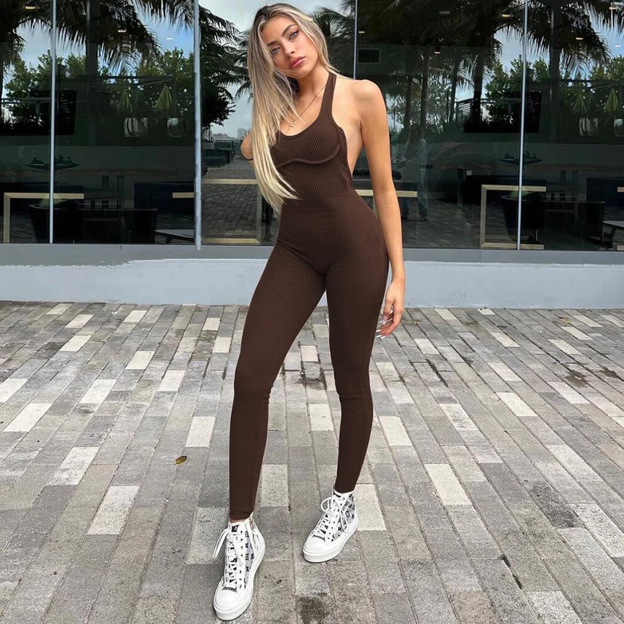 

Kliou K22Q12733 Women's summer sexy jumpsuits casual ribbed jumpsuit Solid Sleeveless Backless Body-Shaping bodycon jumpsuit