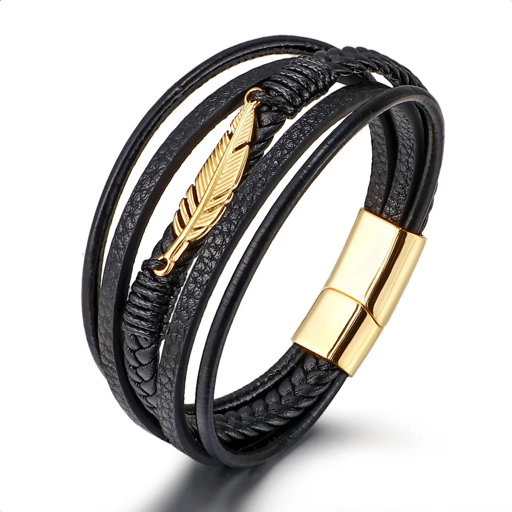 

Amazon Best Selling Stainless Steel Magnet Buckle Men's Bracelet Multilayers Handmade Braided Feather Genuine Leather Bracelets