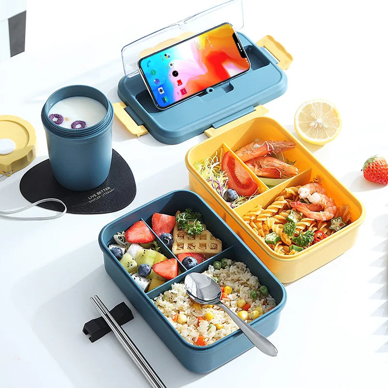 

Wholesale Leak Proof Tiffin Lunch Box Plastic and Bag With Bottle Set Biodegradable Wheat Straw PP Lunch Boxes Containers, Blue/pink/yellow