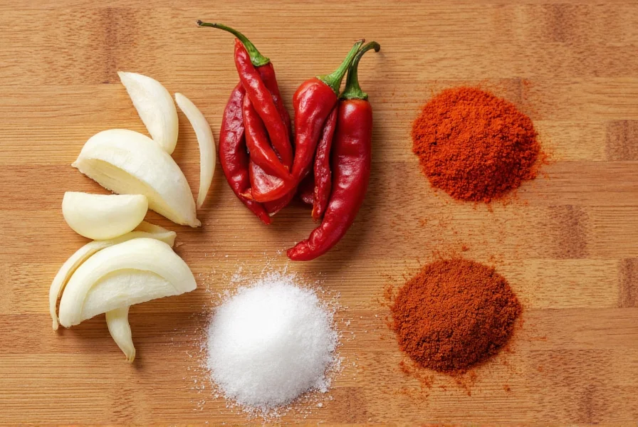 Homemade red pepper seasoning ingredients arranged neatly on wooden table: dried red peppers, garlic cloves, onion slices, paprika, salt