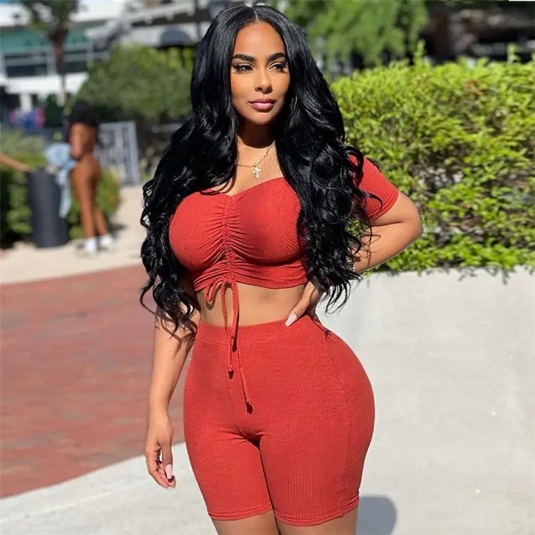 

LXE Summer New 2021 Solid Color Sexy Off The Shoulder Tshirt And Pants Set Ladies Skinny Sports Suit Women 2 piece short set