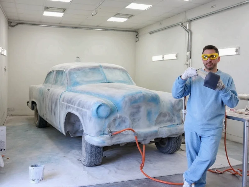 DIY car paint workspace with proper ventilation setup and safety gear