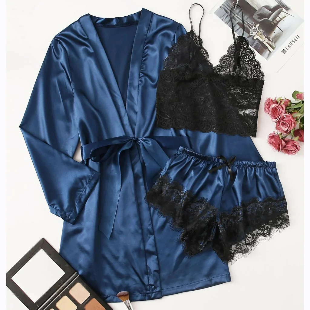 

3 Pieces camis top sexy wear shorts sets silk night robes satin lingerie pajamas women