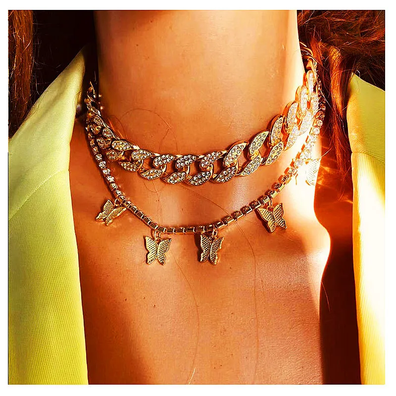 

luxury necklace gold plated Wholesale Women Iced Out Zirconia link necklace Cuban Link Chocker Tennis Chain Necklace