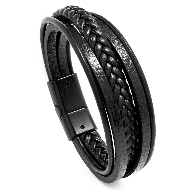 

Men Leather Bangle with Alloy Clasp Cowhide Multilayer Braided Leather Bracelet For Men