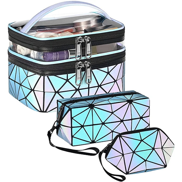 

Custom Logo Double Layer Makeup Bag Box Holographic Cosmetic Bag Ladies 2021, Customized