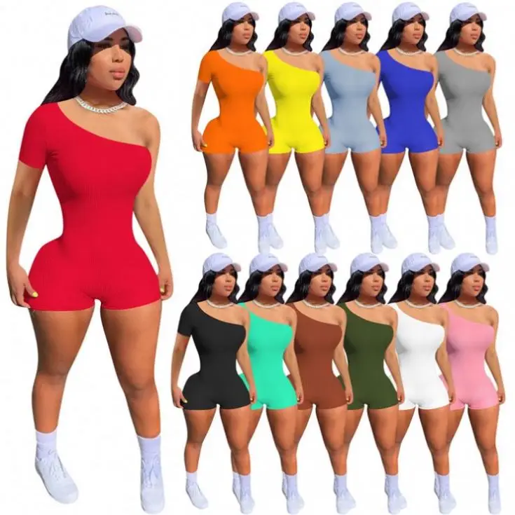 

TINA Fashion Solid Color One Shoulder Ladies Short Jumpsuits Women Clothing Women romper