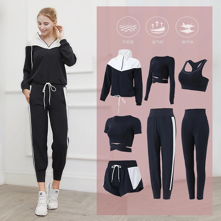 

Hot sell pink color wholesale 7 piece set women sport workout fitness wear, 2colors