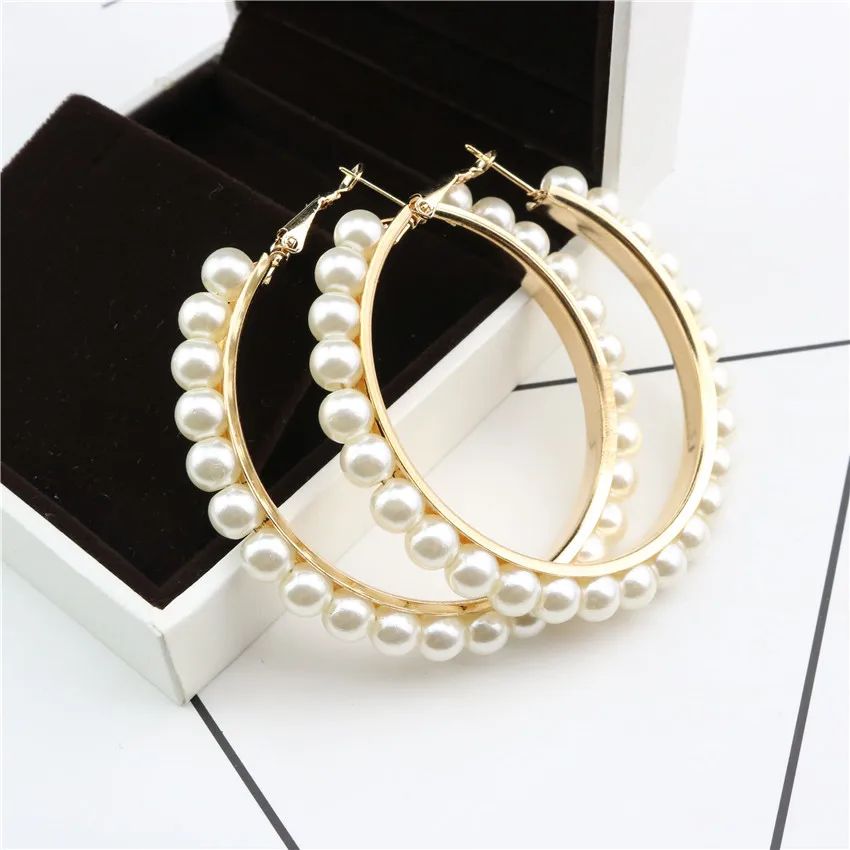 

INS New Trend Big Hoop Pearl Earrings Gold Plated Charm Round Earrings Hot Minimalist Large Circle Earrings Jewelry For Women