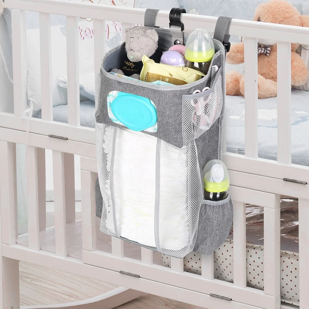 

Latest New Gary Striped Oxford Cloth Pp Board Baby Hanging Baby Nursery Bedside Organizer With Mesh Bag, Grey, striped