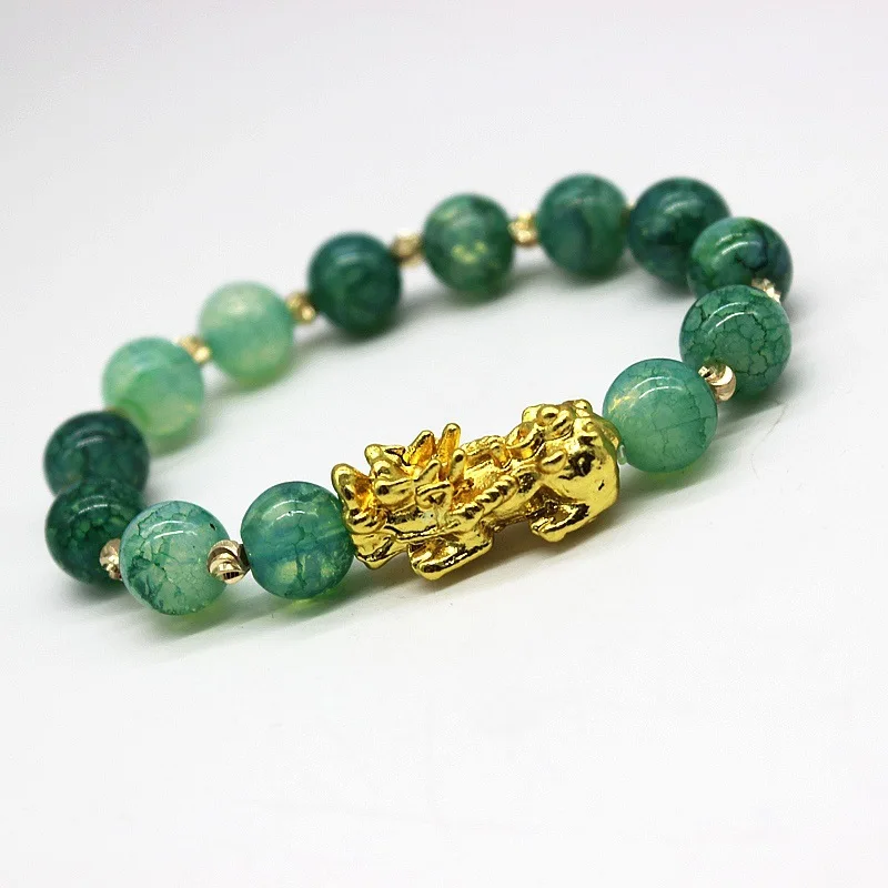 

Wholesale Fashion 10mm Imitation Jade Beads Gold Plated Charm Pi Yao Women Luck Wealth Feng Shui Pixiu Bracelet For Men, As picture