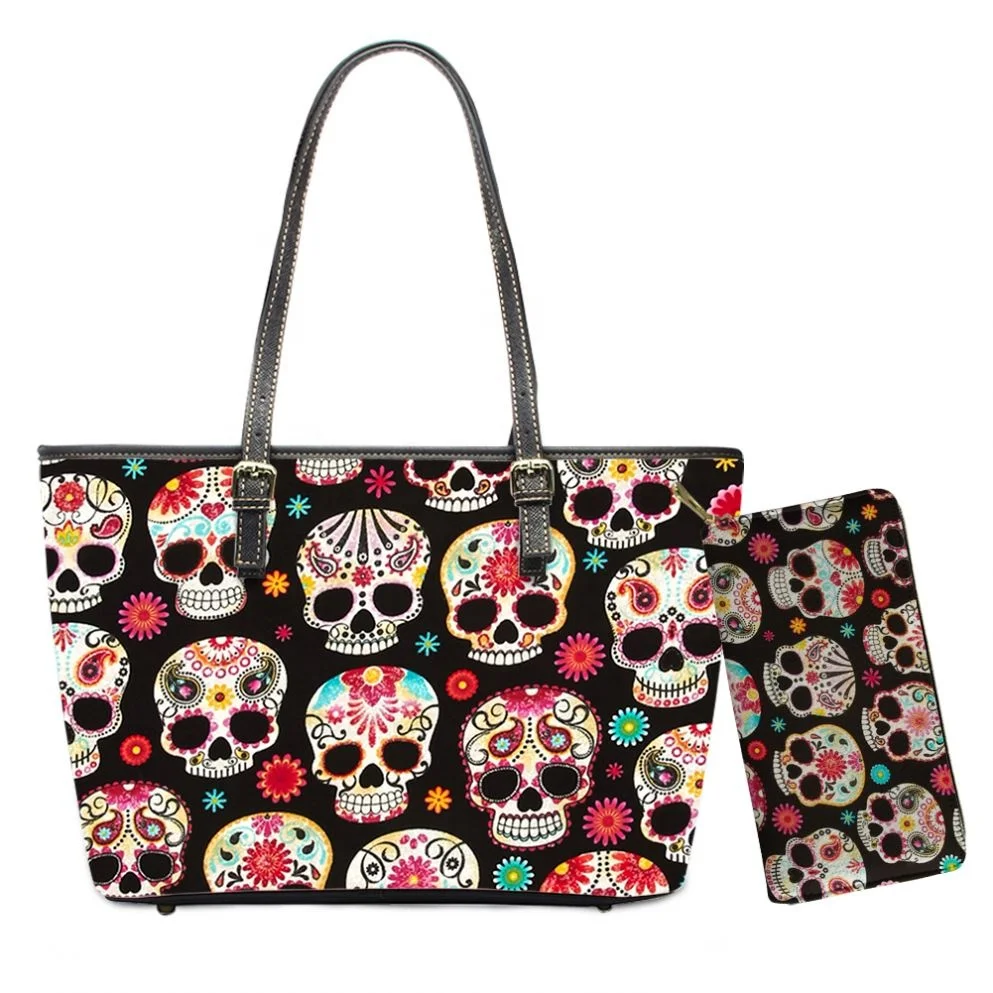 

Harajuku Retro Vintage Leather Bag Seamless Sugar Skull Pattern Leather Big Tote Ladies Long Wallet Hard Shopper Shoulder Bags, Customizable