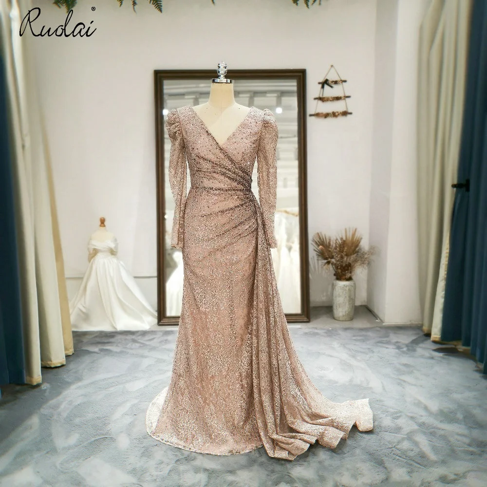 

ASA-0200 V Neck Long Sleeves Beaded Evening Gowns Ruffles Mermaid Party Dress, As picture
